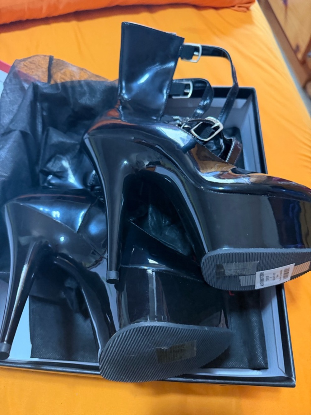 Pleaser Black Patent Platform Stiletto with Double Ankle Straps